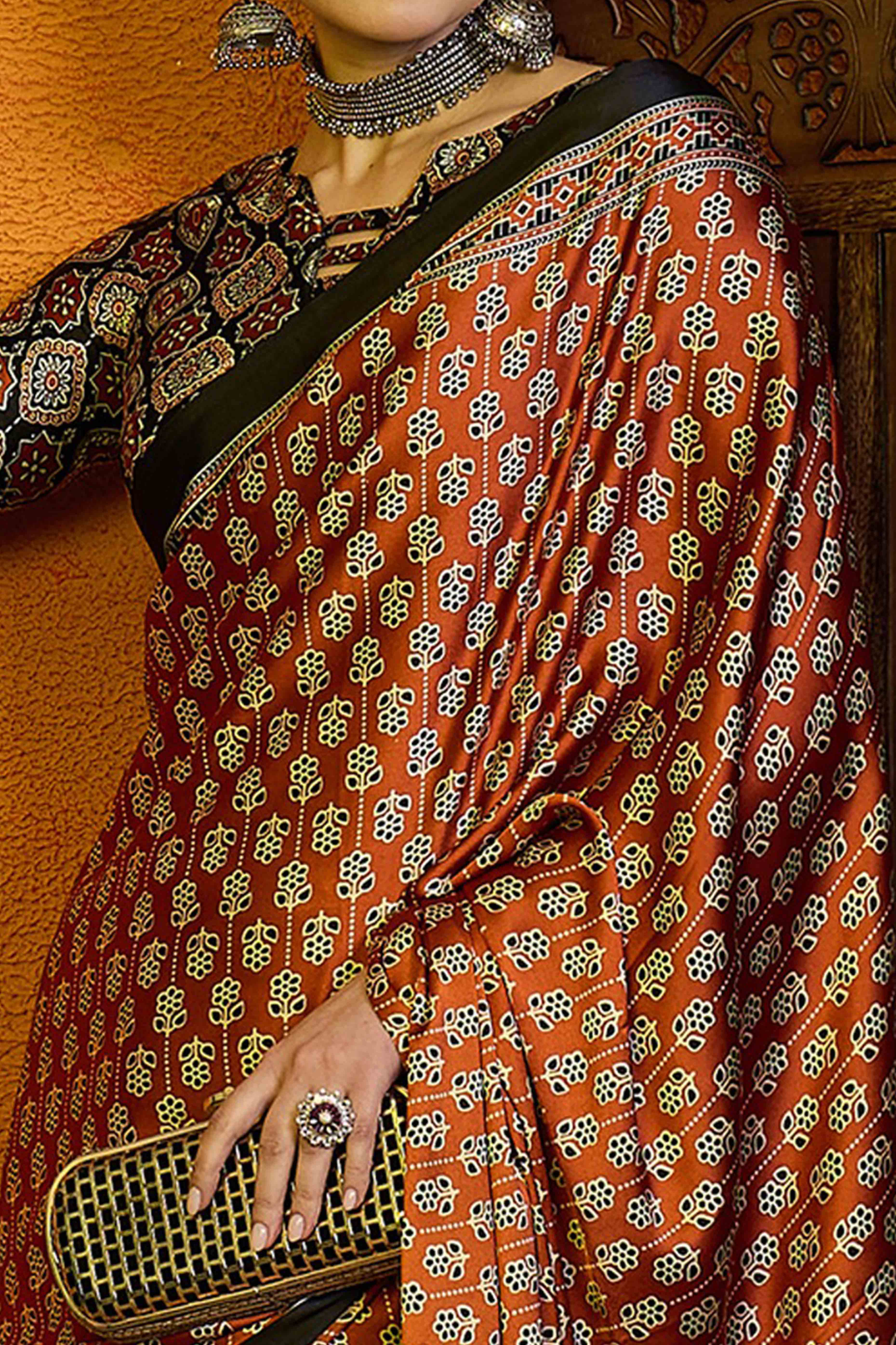 Rust Floral Printed Modal Satin Saree