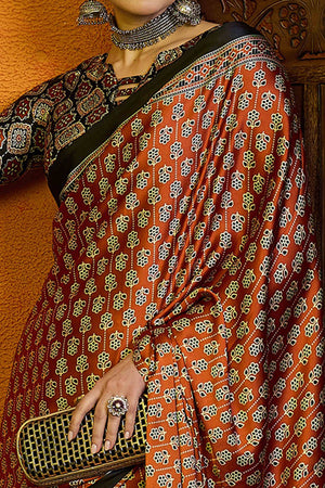 Rust Floral Printed Modal Satin Saree