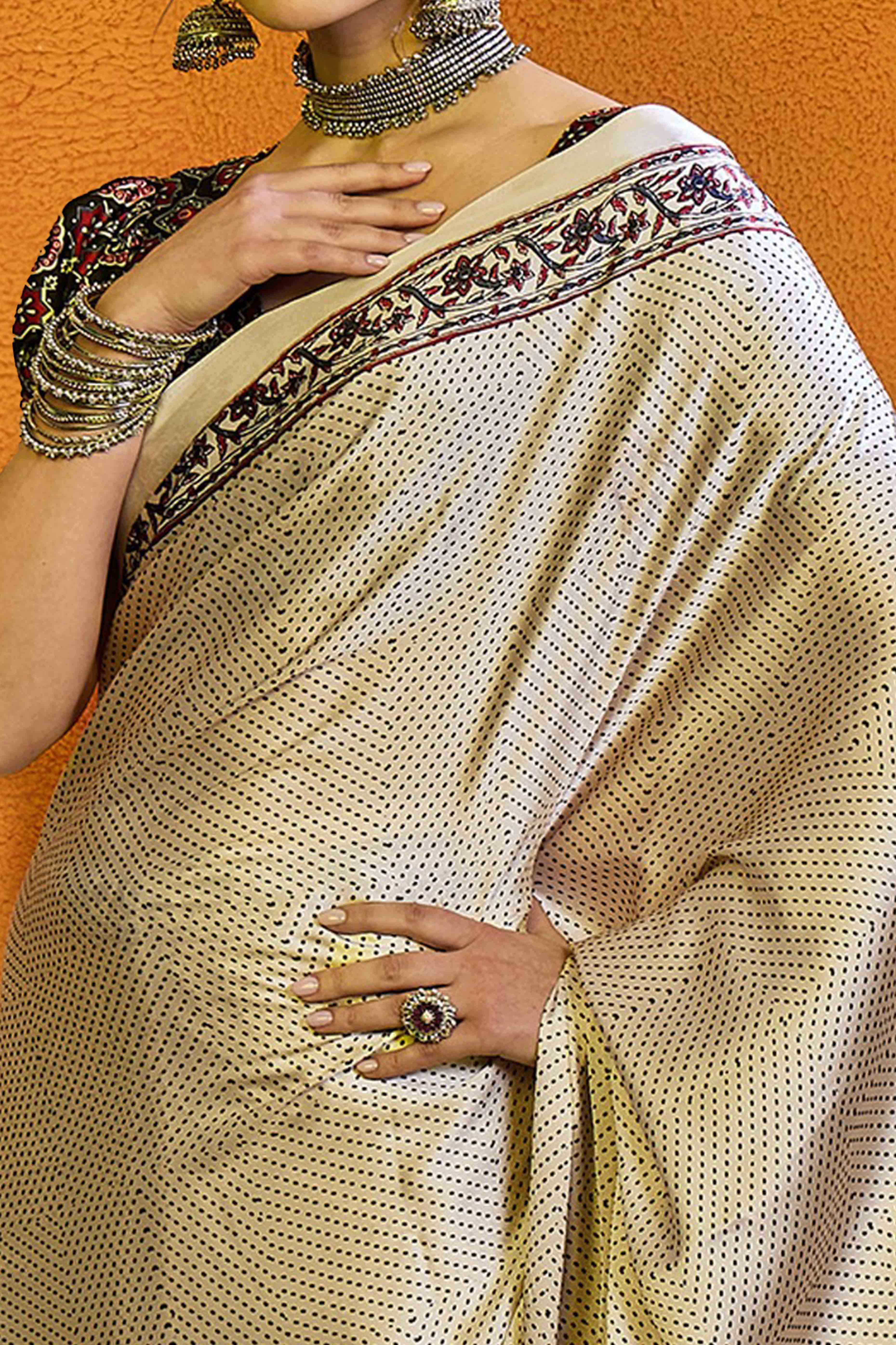 Cream Printed Modal Satin Saree
