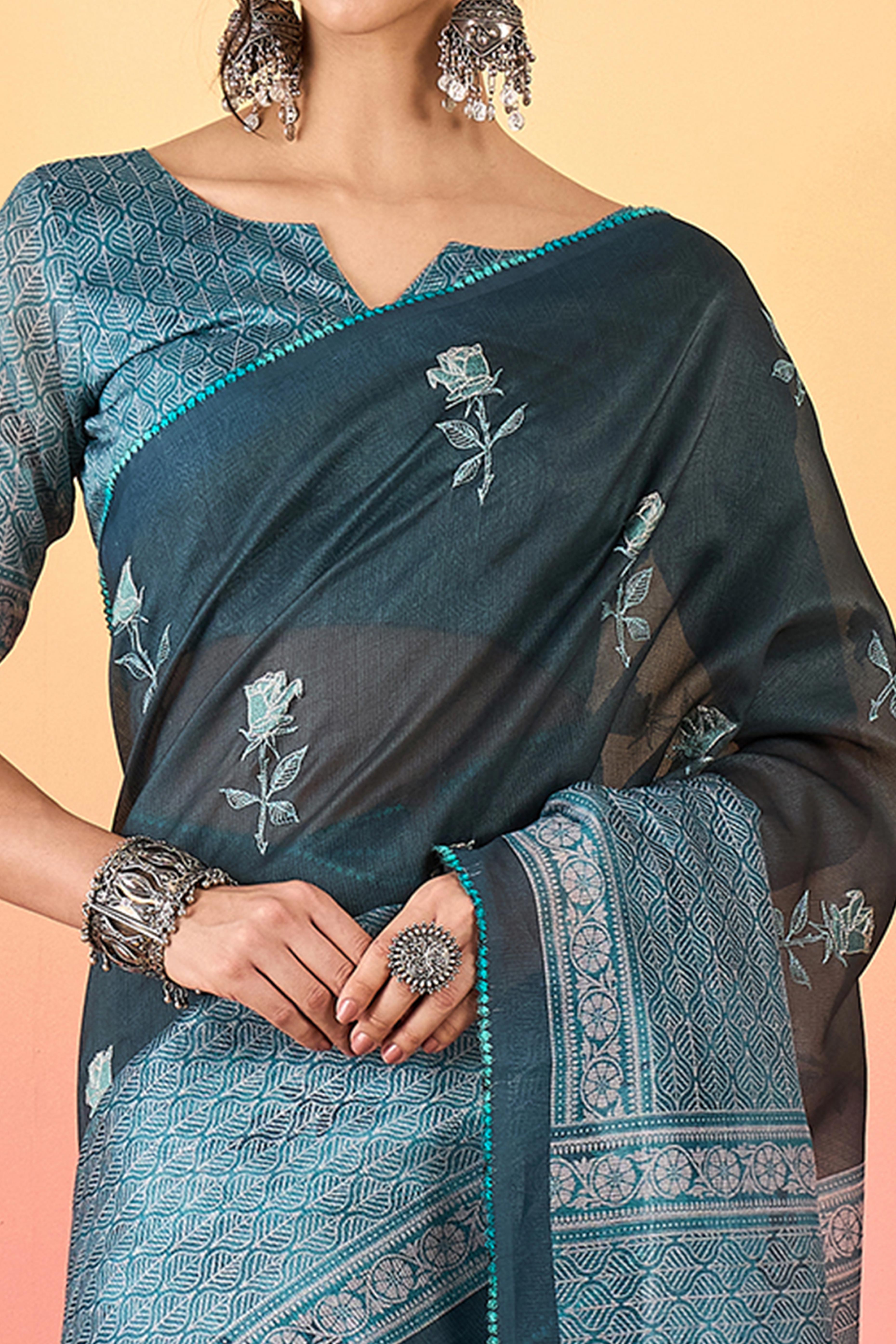 Teal Floral Embroidered Saree Made from Premium Lightweight Silk Blend Material