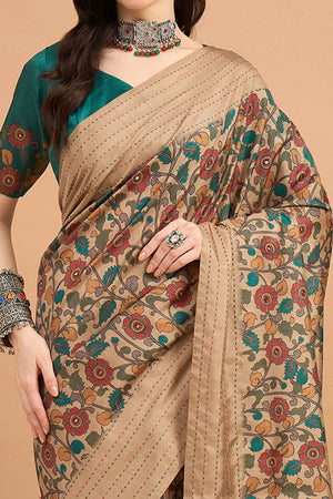 Elegant Beige Floral Printed Kozi Art Silk Saree With Shimmering Mirror & Intricate Katha Stitched