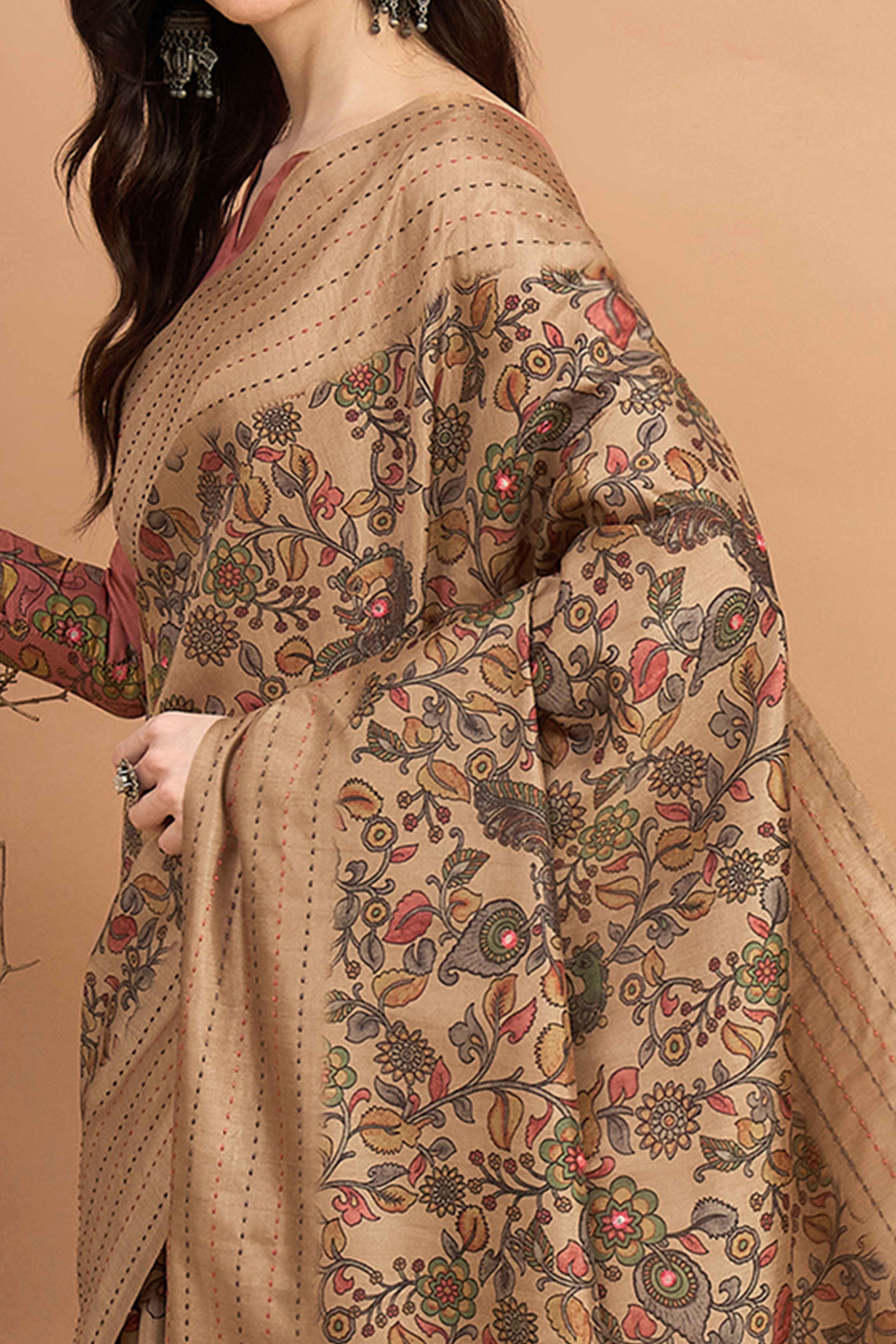 Majestic Beige Floral Printed Kozi Art Silk Saree With Shimmering Mirror & Intricate Katha Stitche