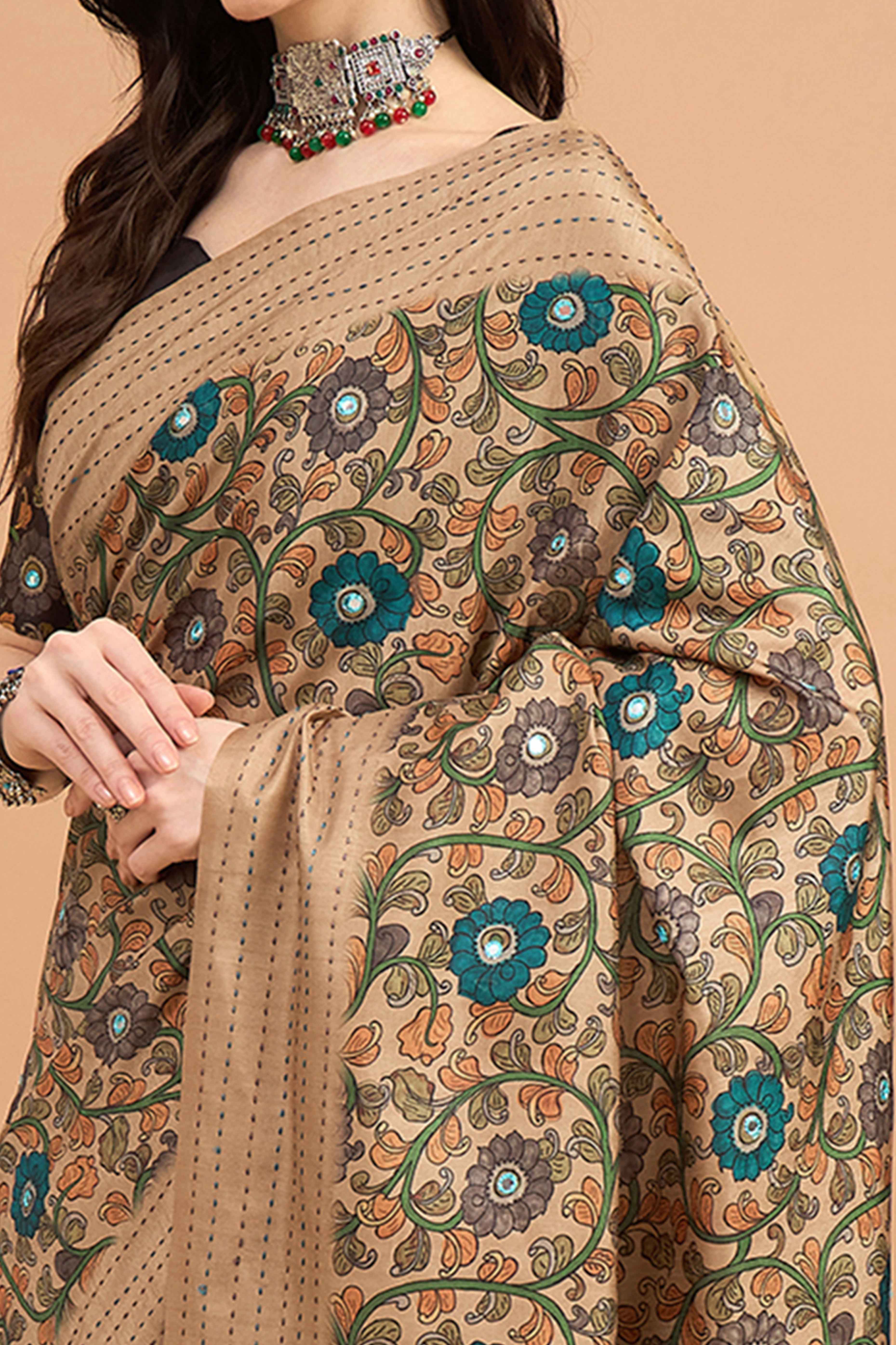 Refreshing Beige Floral Printed Kozi Art Silk Saree With Shimmering Mirror & Intricate Katha Stitched