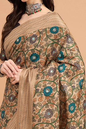 Refreshing Beige Floral Printed Kozi Art Silk Saree With Shimmering Mirror & Intricate Katha Stitched