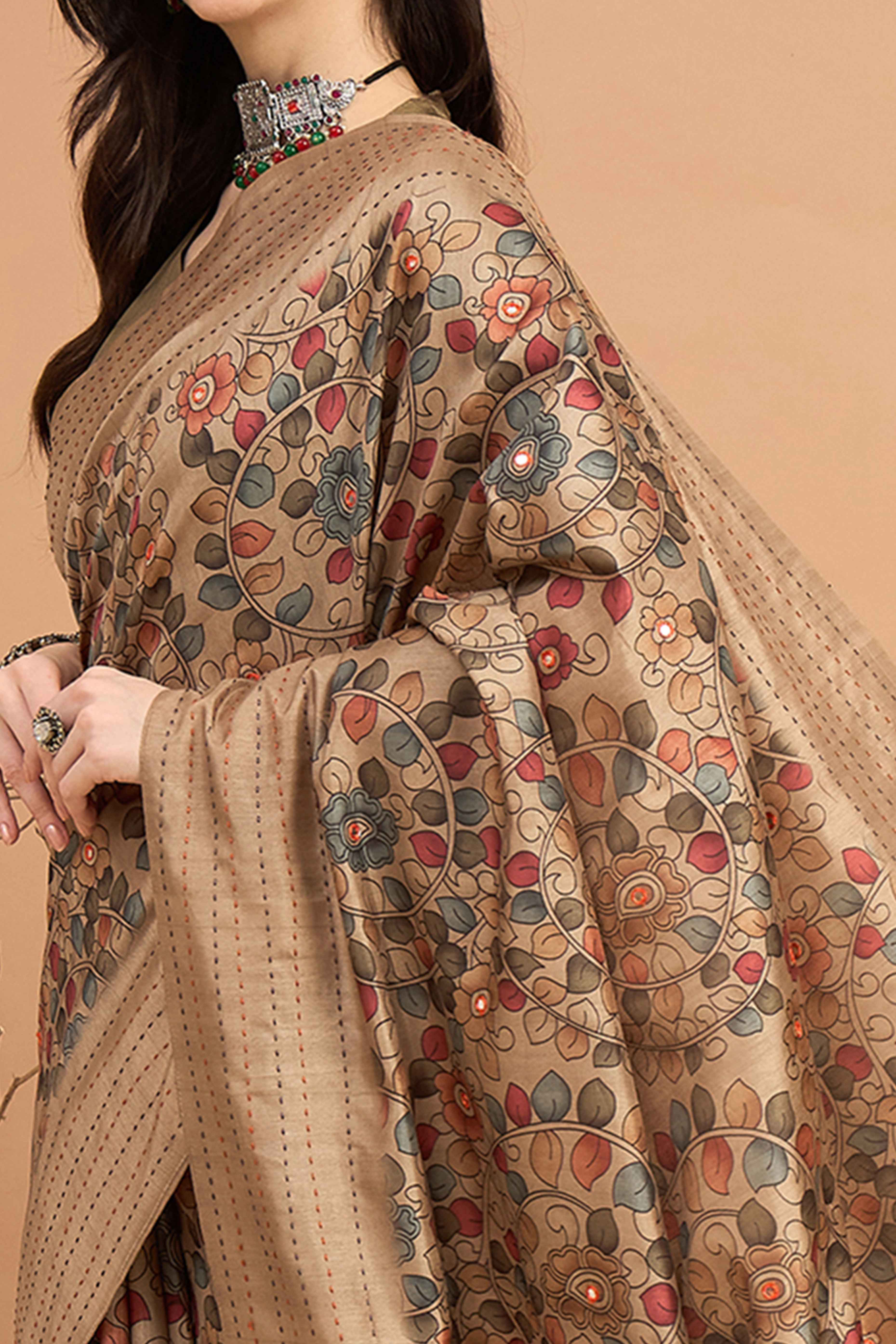 Sophisticated Beige Floral Printed Kozi Art Silk Saree With Shimmering Mirror & Intricate Katha Stitched