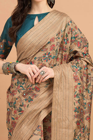 Dazzling Beige Floral Printed Kozi Art Silk Saree With Shimmering Mirror & Intricate Katha Stitched