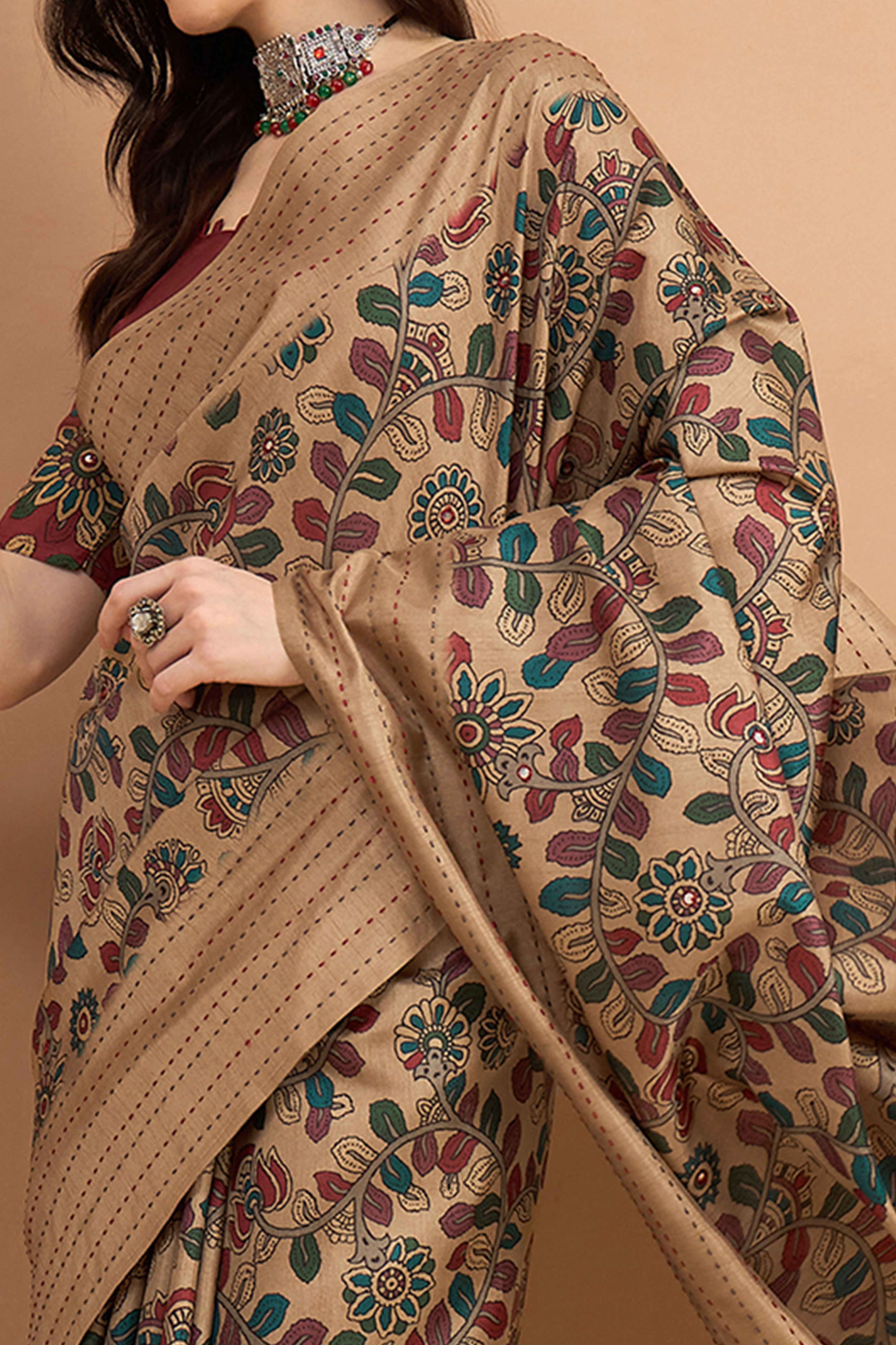 Refreshing Beige Floral Printed Kozi Art Silk Saree With Shimmering Mirror & Intricate Katha Stitche