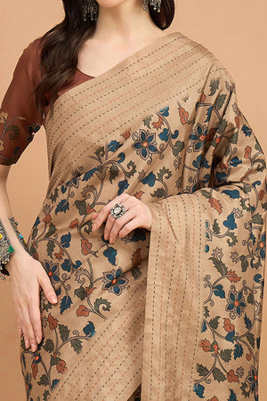Elegant Beige Floral Printed Kozi Art Silk Saree With Shimmering Mirror & Intricate Katha Stitched