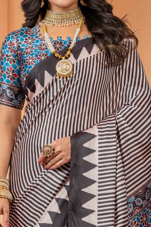 Elegant Black & Cream Satin Saree with Geometric Patterns