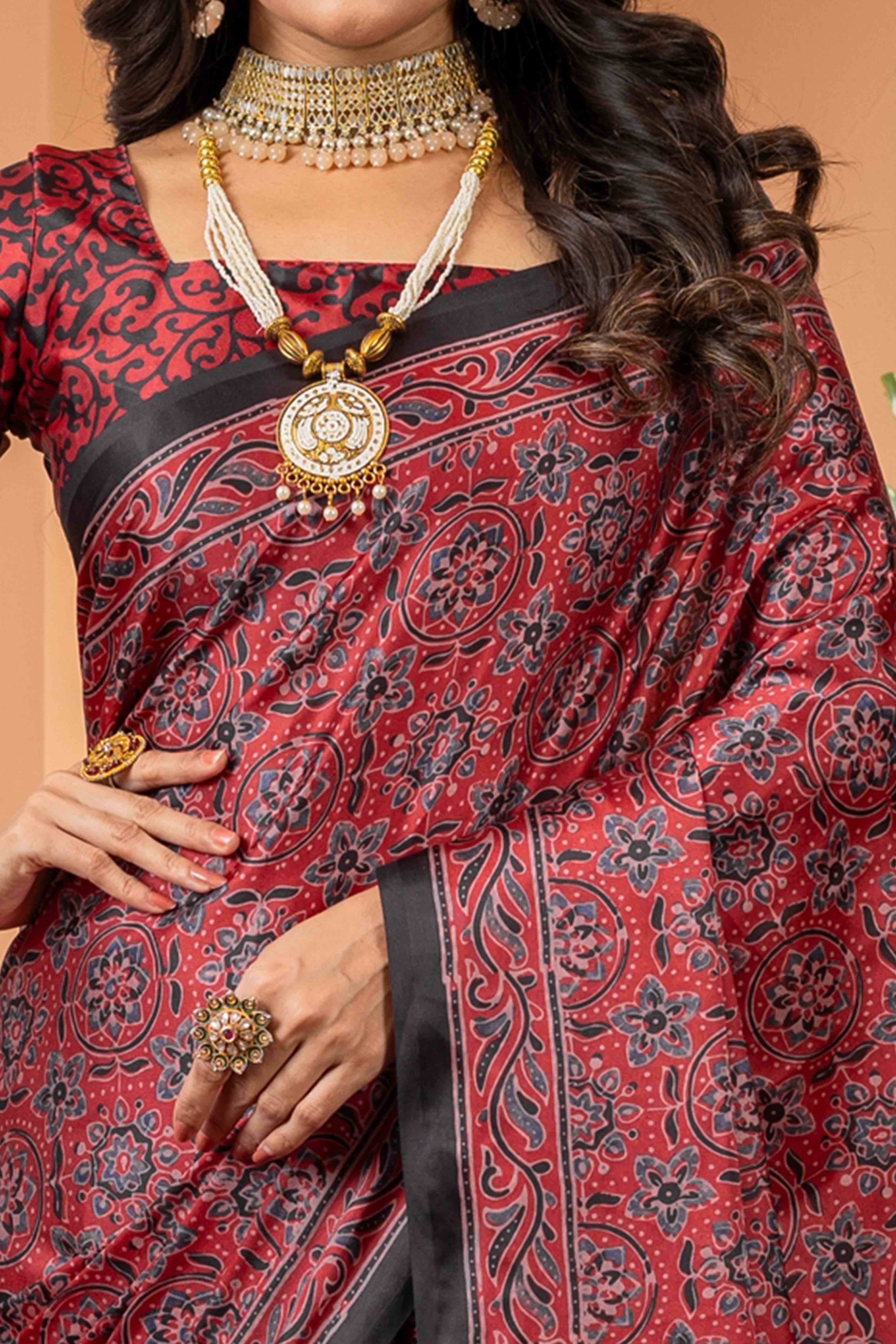 Elegant Maroon Satin Saree with Ajrakh Patterns