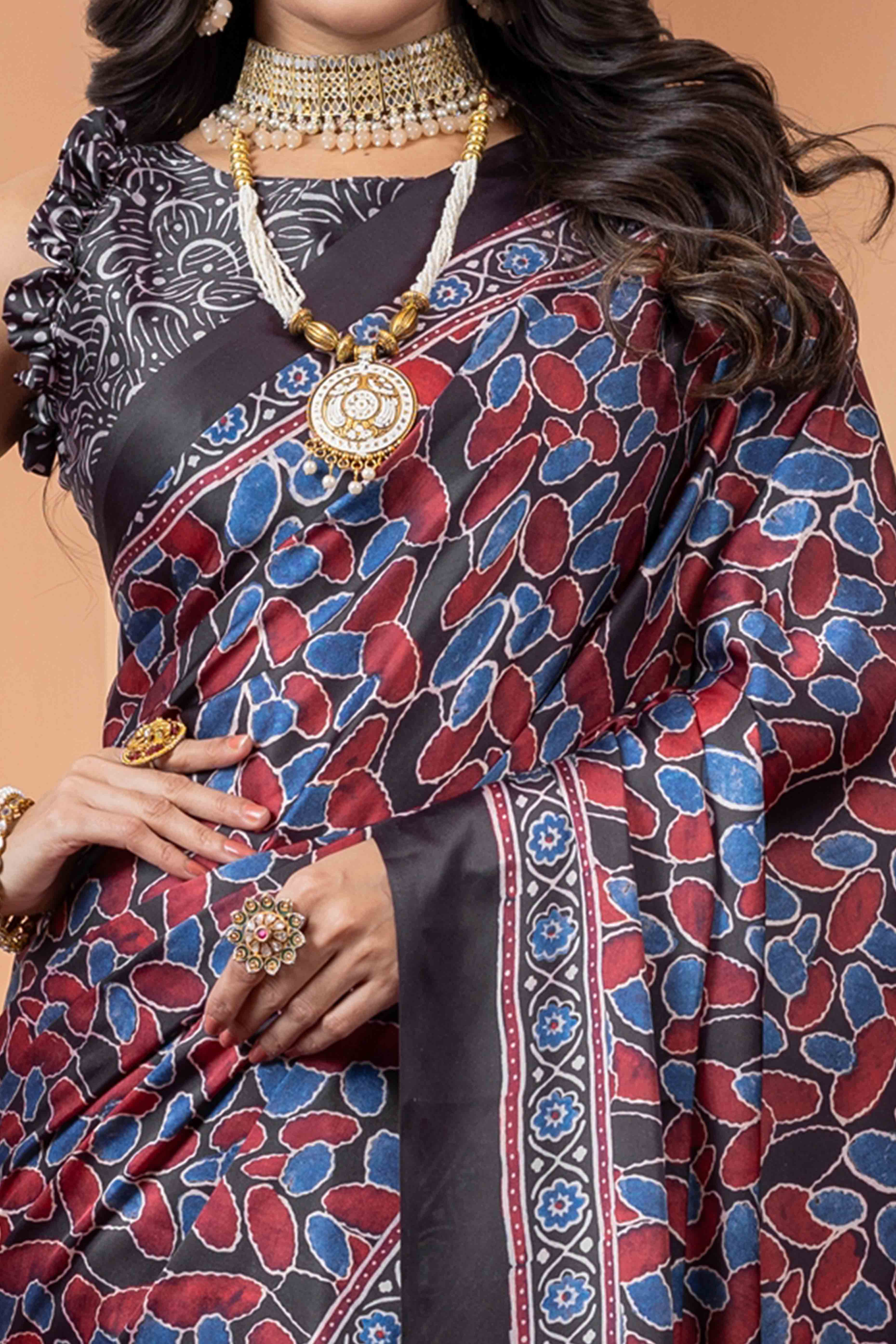 Elegant Black & Red Satin Saree with Ajrakh Patterns