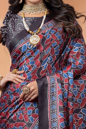 Elegant Black & Red Satin Saree with Ajrakh Patterns