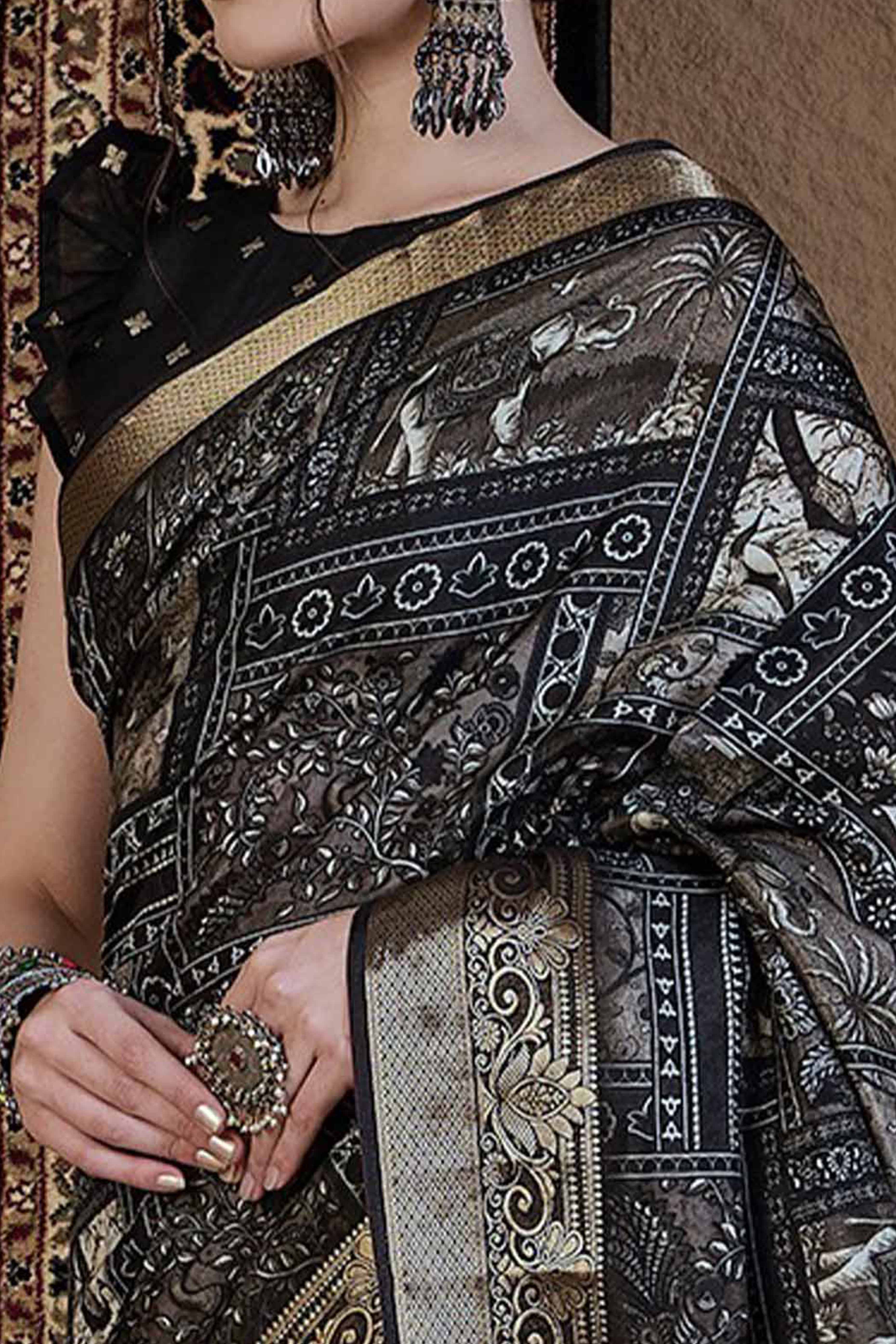 Black Viscose Saree Featuring Delicate Floral Prints and a Rich Zari Border