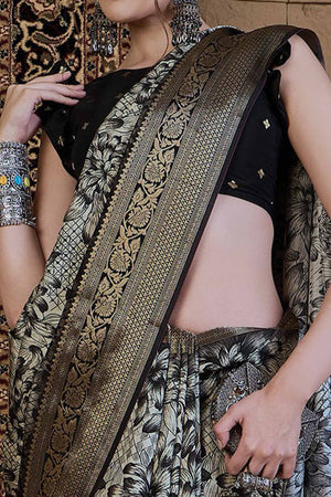 Off White Viscose Saree with All-Over Floral Art and Ornate Zari Woven Border