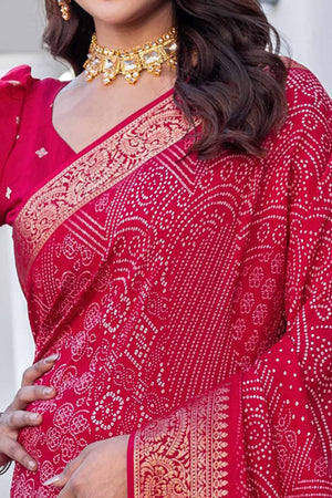 Red Bandhani Print Saree in Lightweight Viscose with Ornate Zari Border