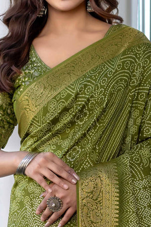 Green Bandhani Print Saree in Lightweight Viscose with Ornate Zari Border