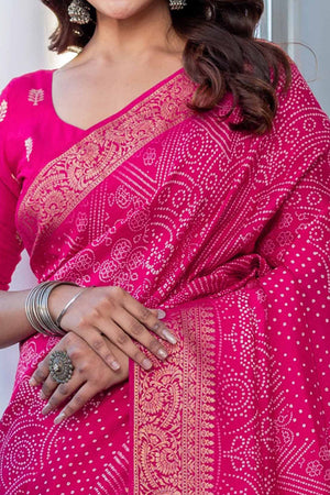 Pink Bandhani Print Saree in Lightweight Viscose with Ornate Zari Border