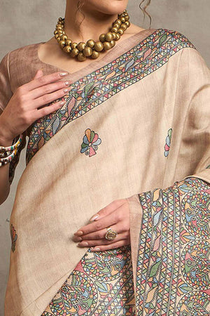 Elegant Cream Art Silk Saree Adorned with Traditional Madhubani Art-Inspired Prints