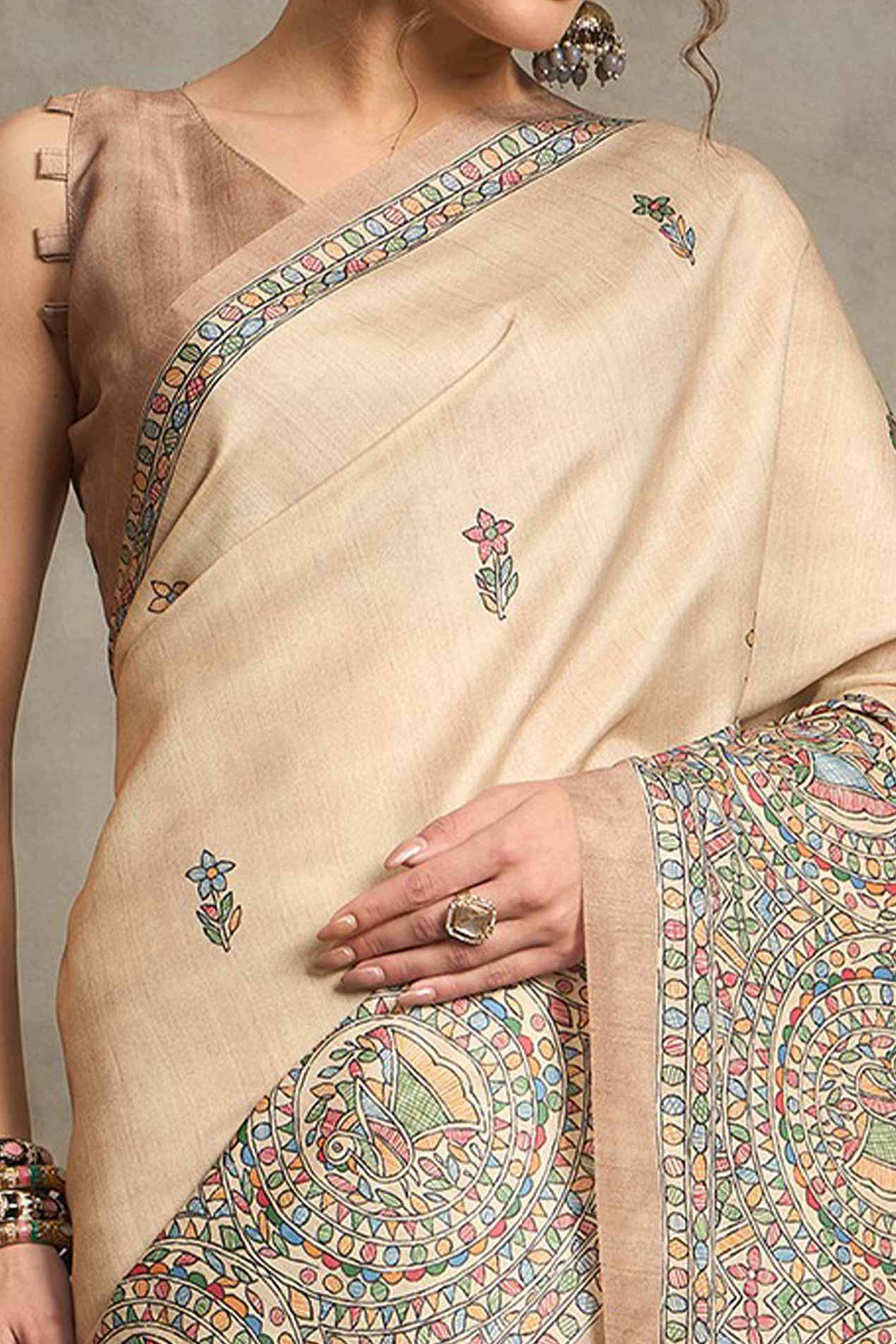 Cream Art Silk Saree with Intricate Madhubani Folk Patterns