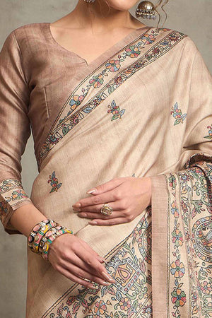 Cream Ethnic Art Silk Saree Highlighting Rich Madhubani Printwork and Artistic Flair