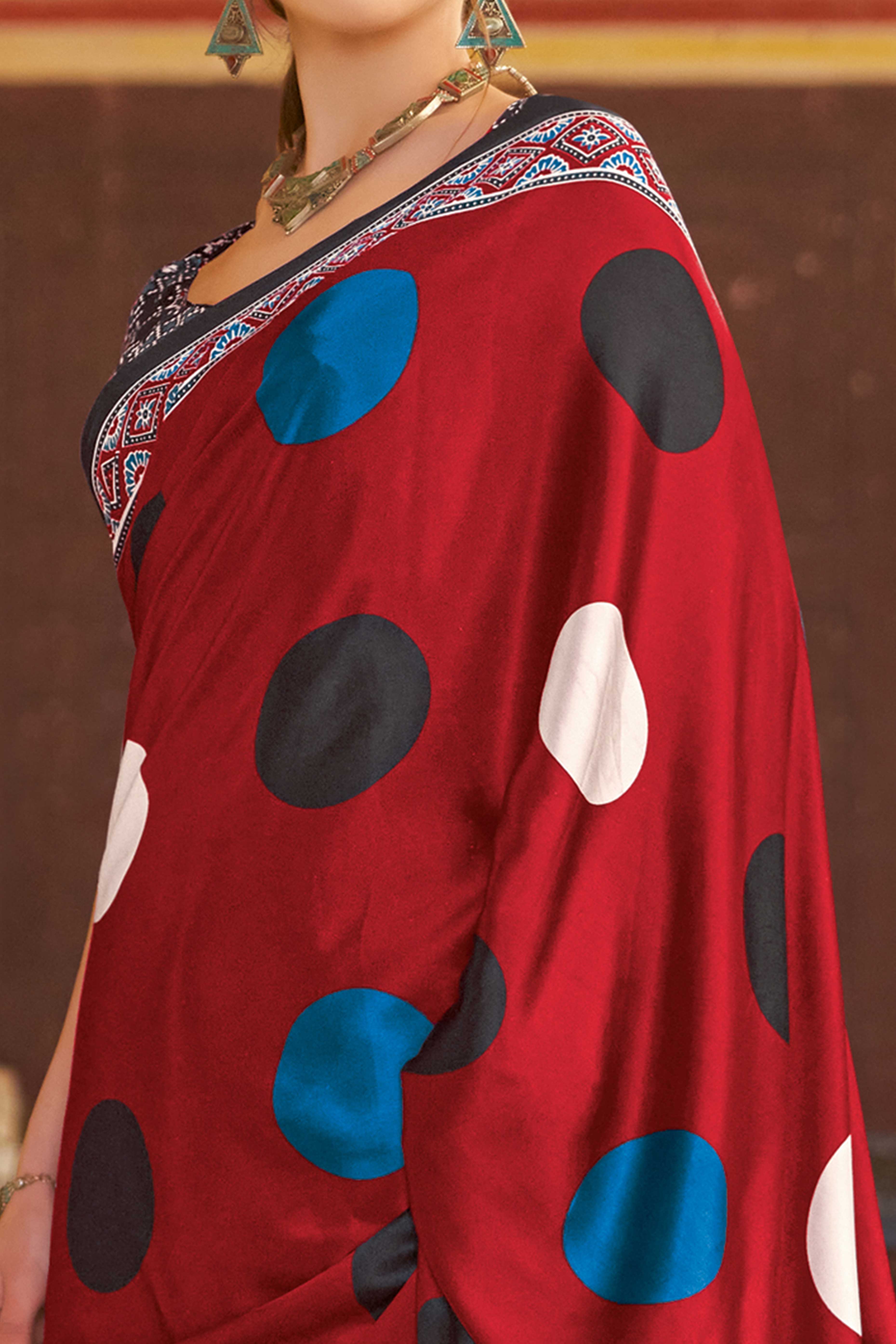 Red Geometric Printed Satin Saree With Tassels