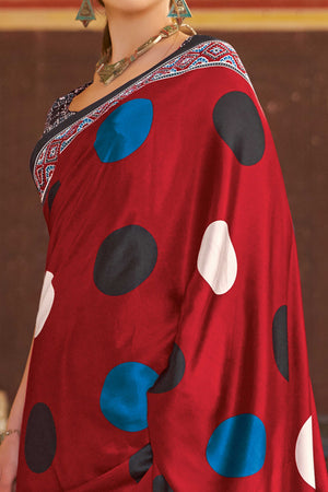 Red Geometric Printed Satin Saree With Tassels