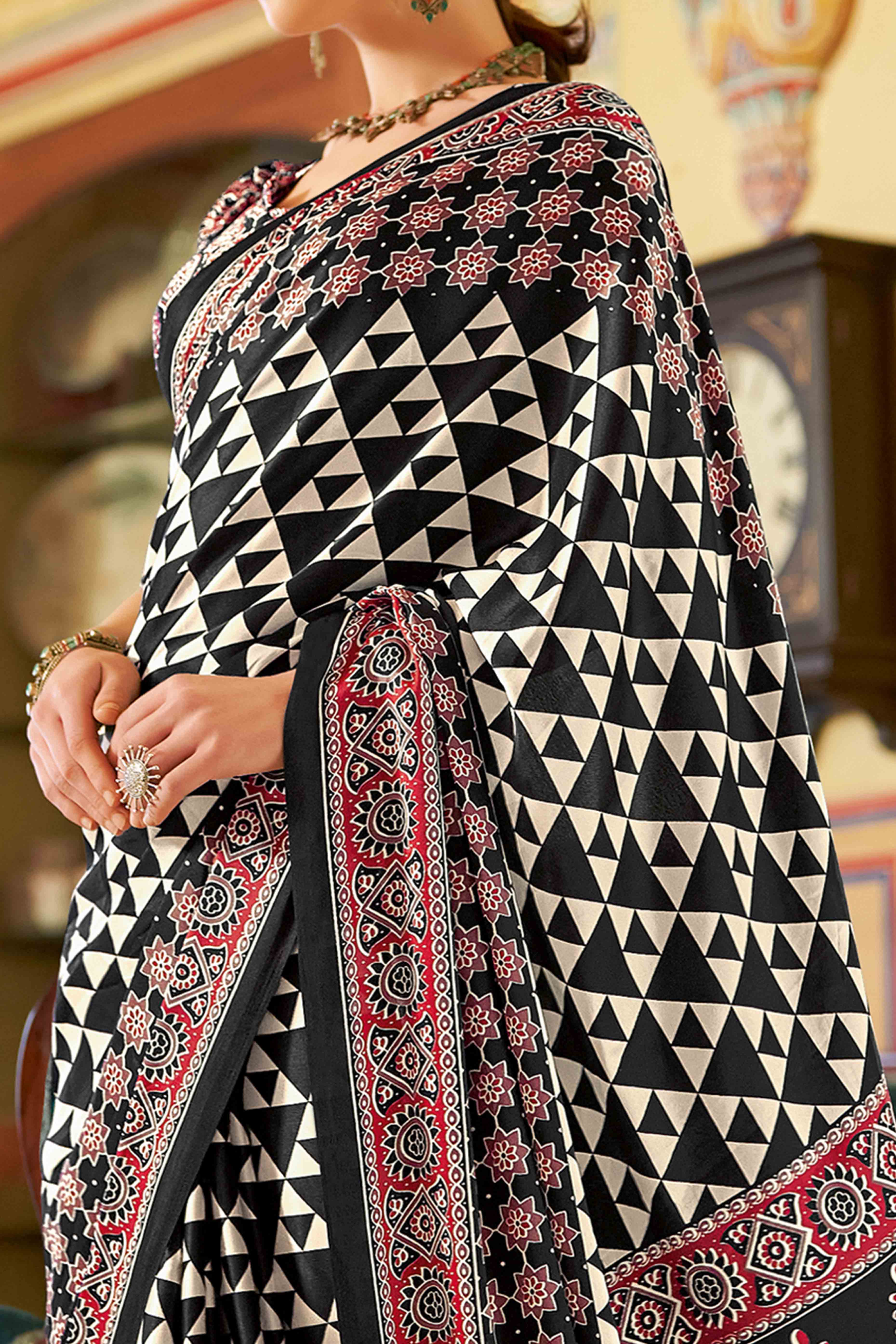 Black Geometric Printed Satin Saree With Tassels
