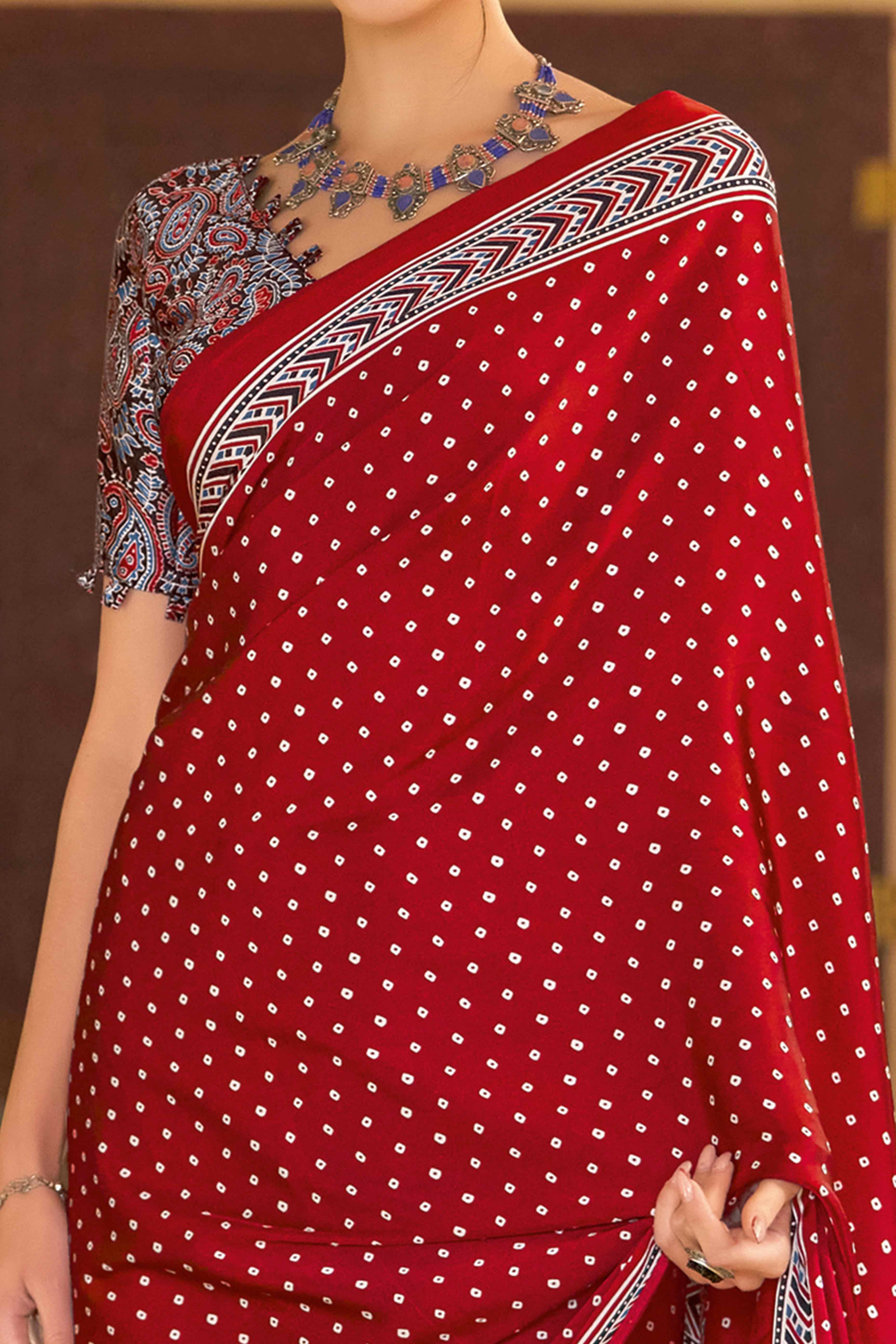 Red Bandhani Printed Satin Saree With Tassels