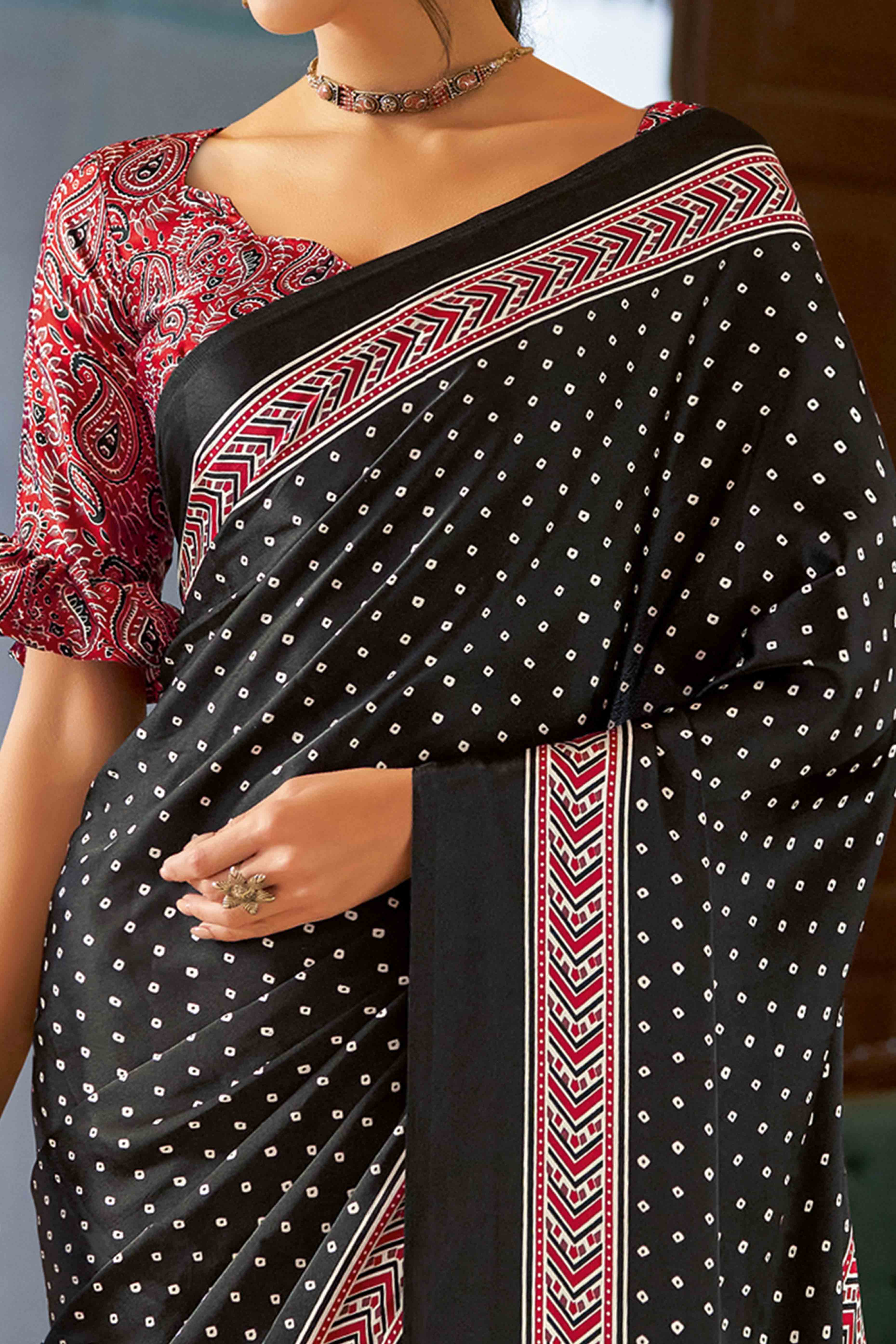 Black Bandhani Printed Satin Saree With Tassels