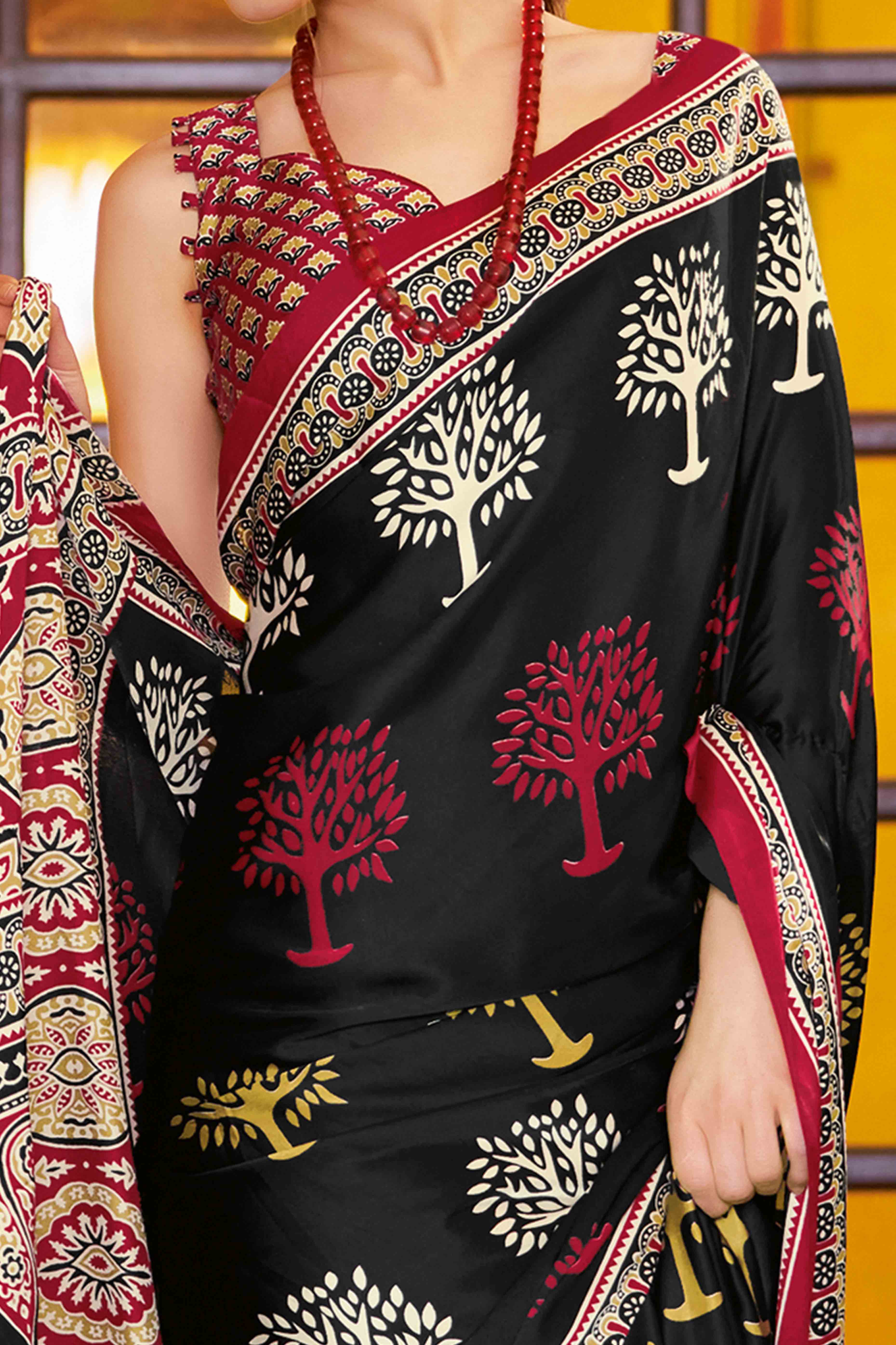 Black Floral Ajrakh Printed Satin Saree With Tassels