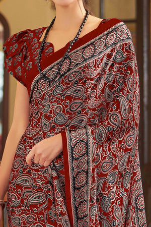 Maroon Floral Ajrakh Printed Satin Saree With Tassels