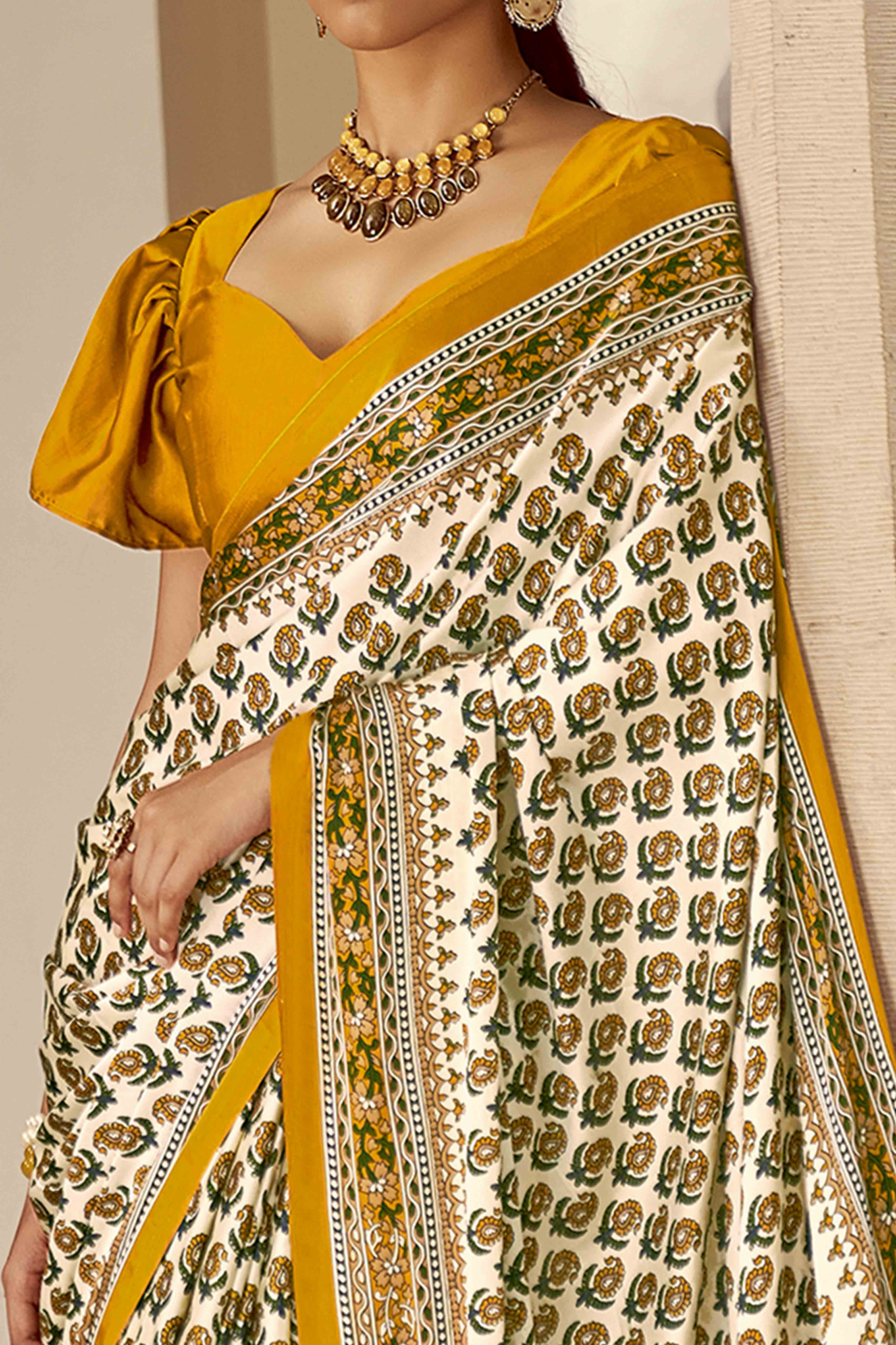 Offwhite & Mustard Floral Ajrakh Printed Satin Saree With Tassels