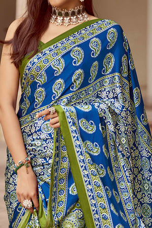 Green & Blue Floral Ajrakh Printed Satin Saree With Tassels