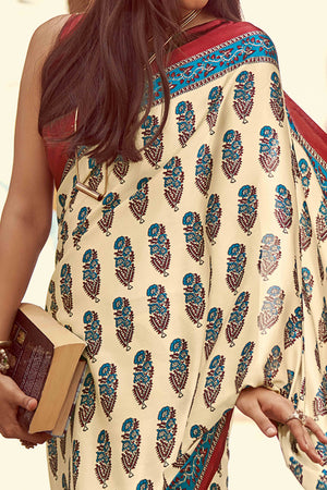 Offwhite & Blue Floral Ajrakh Printed Satin Saree With Tassels