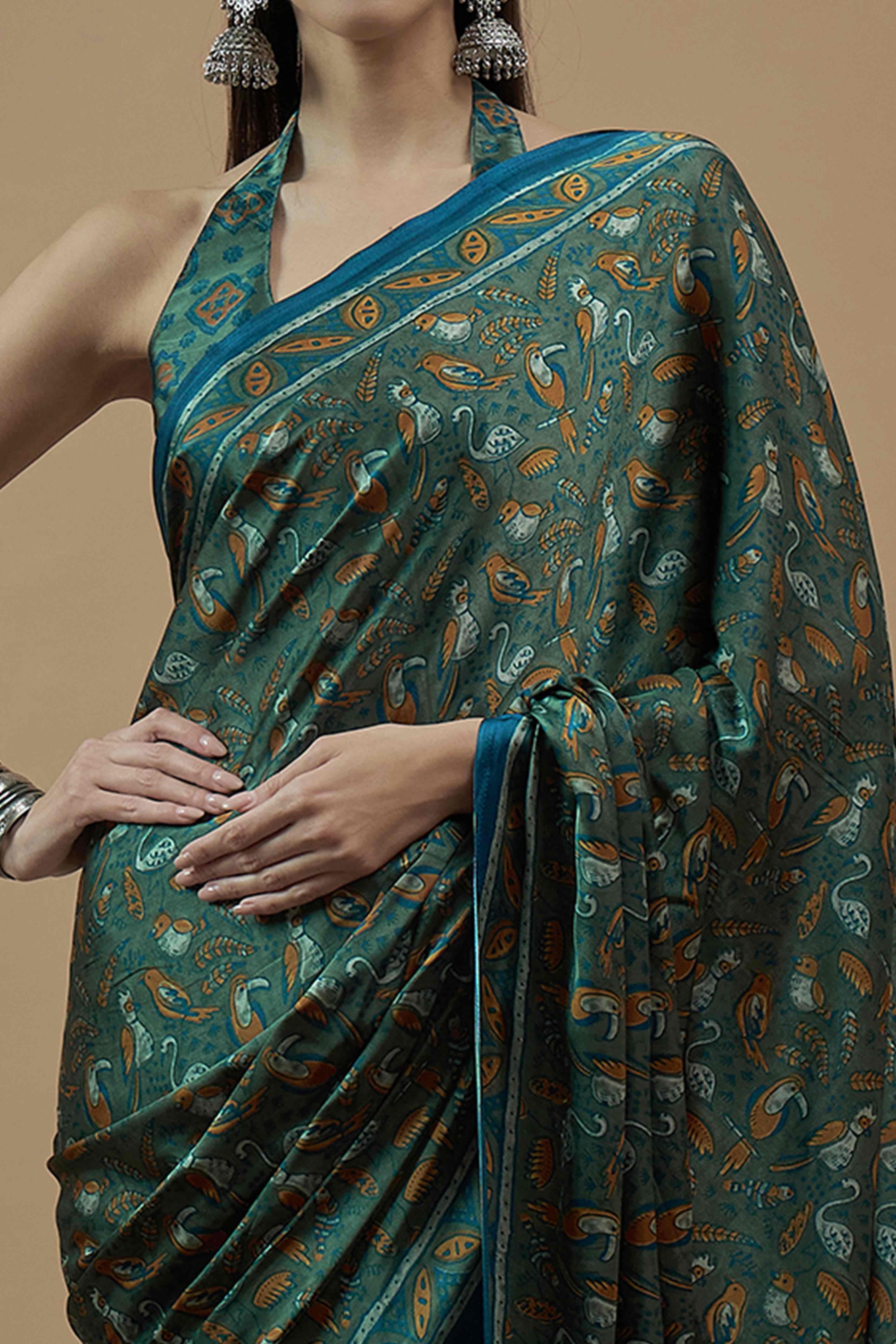 Morpich Green Ajrakh Printed Satin Saree With Tassels