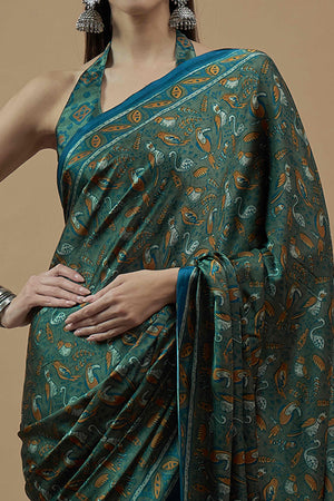 Morpich Green Ajrakh Printed Satin Saree With Tassels