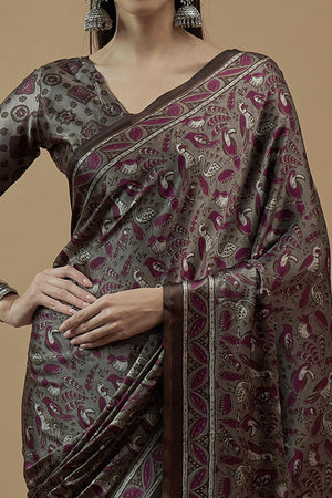 Grey & Magenta Ajrakh Printed Satin Saree With Tassels