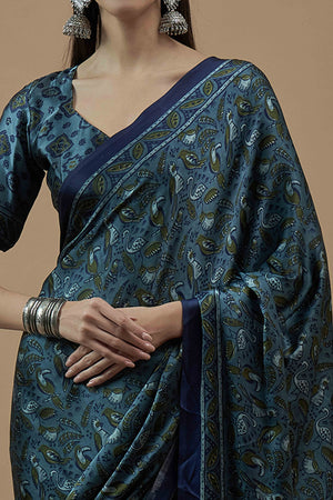 Blue Ajrakh Printed Satin Saree With Tassels