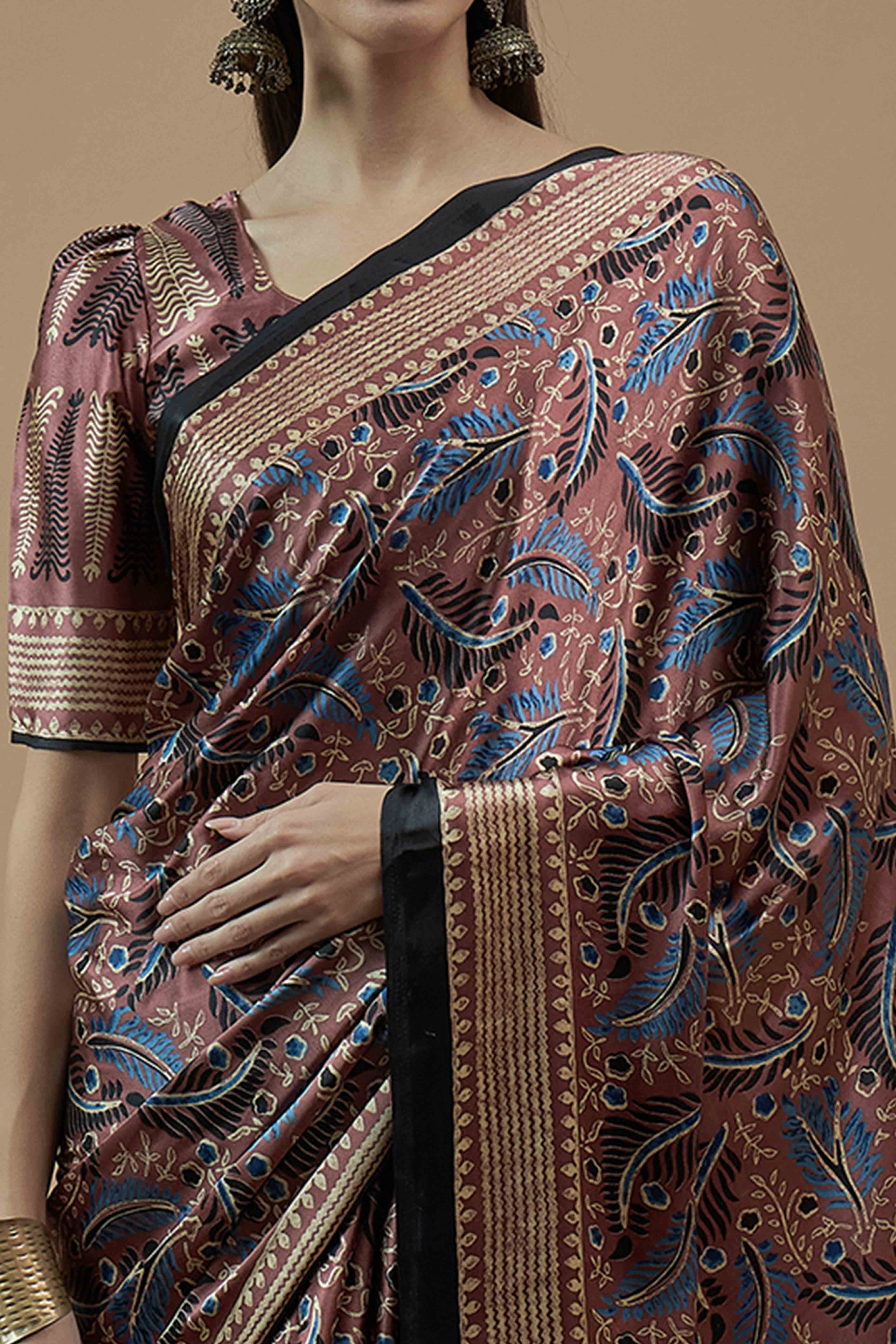 Mauve Ajrakh Printed Satin Saree With Tassels