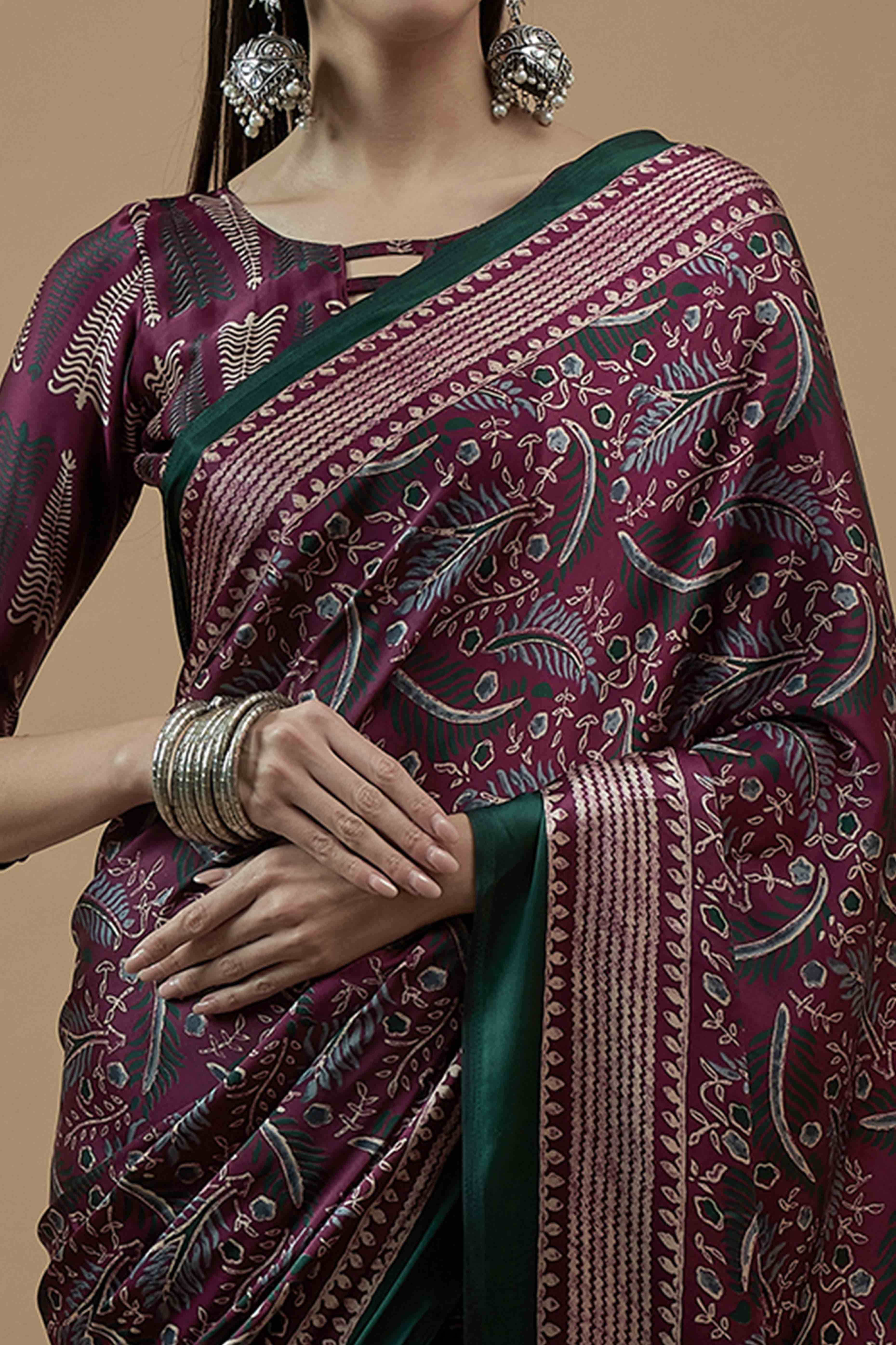 Wine & Green Ajrakh Printed Satin Saree With Tassels