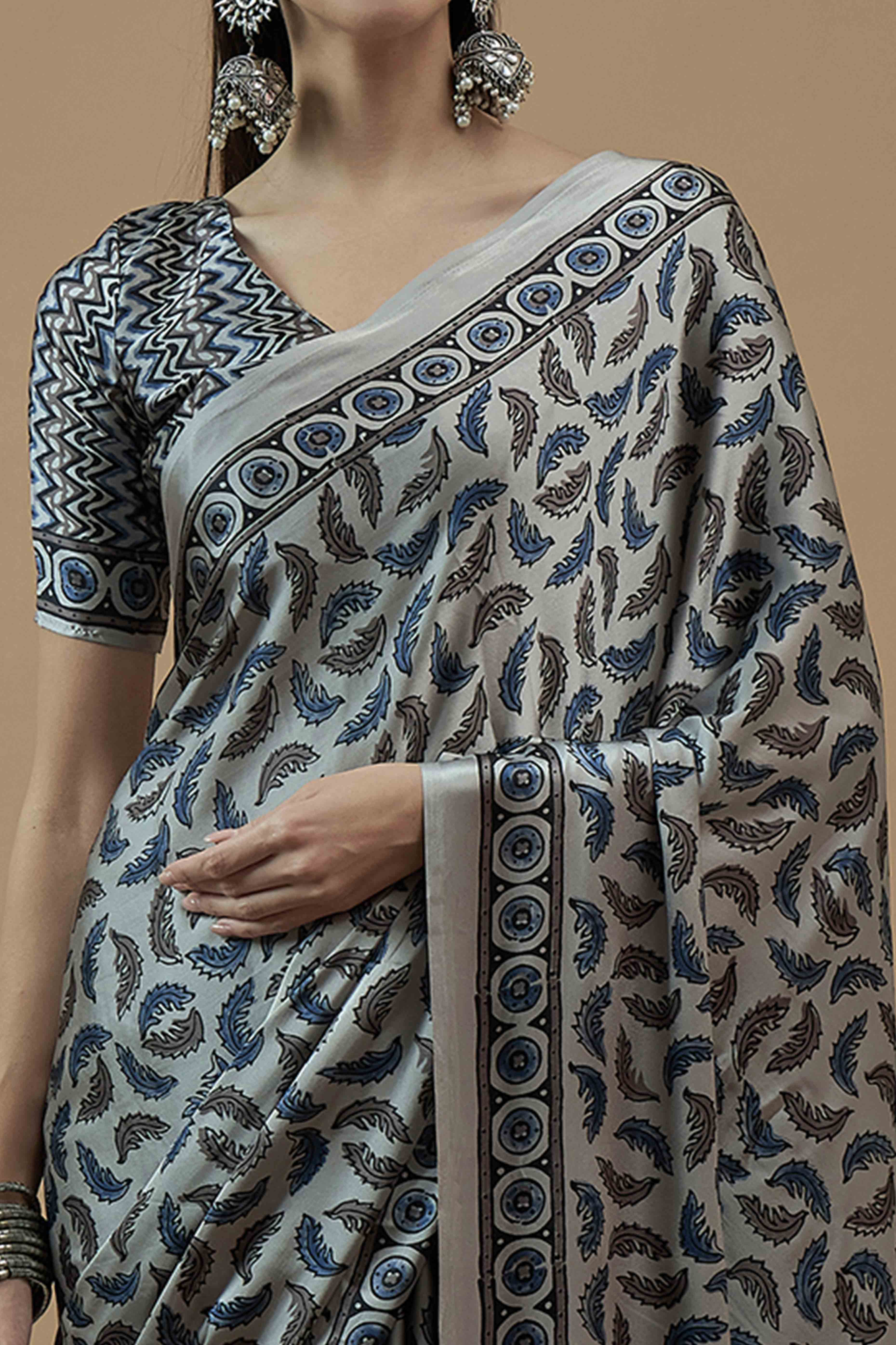 Grey Ajrakh Printed Satin Saree With Tassels