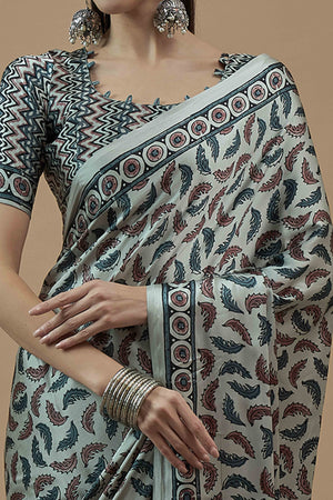 Light Seafoam Blue Ajrakh Printed Satin Saree With Tassels