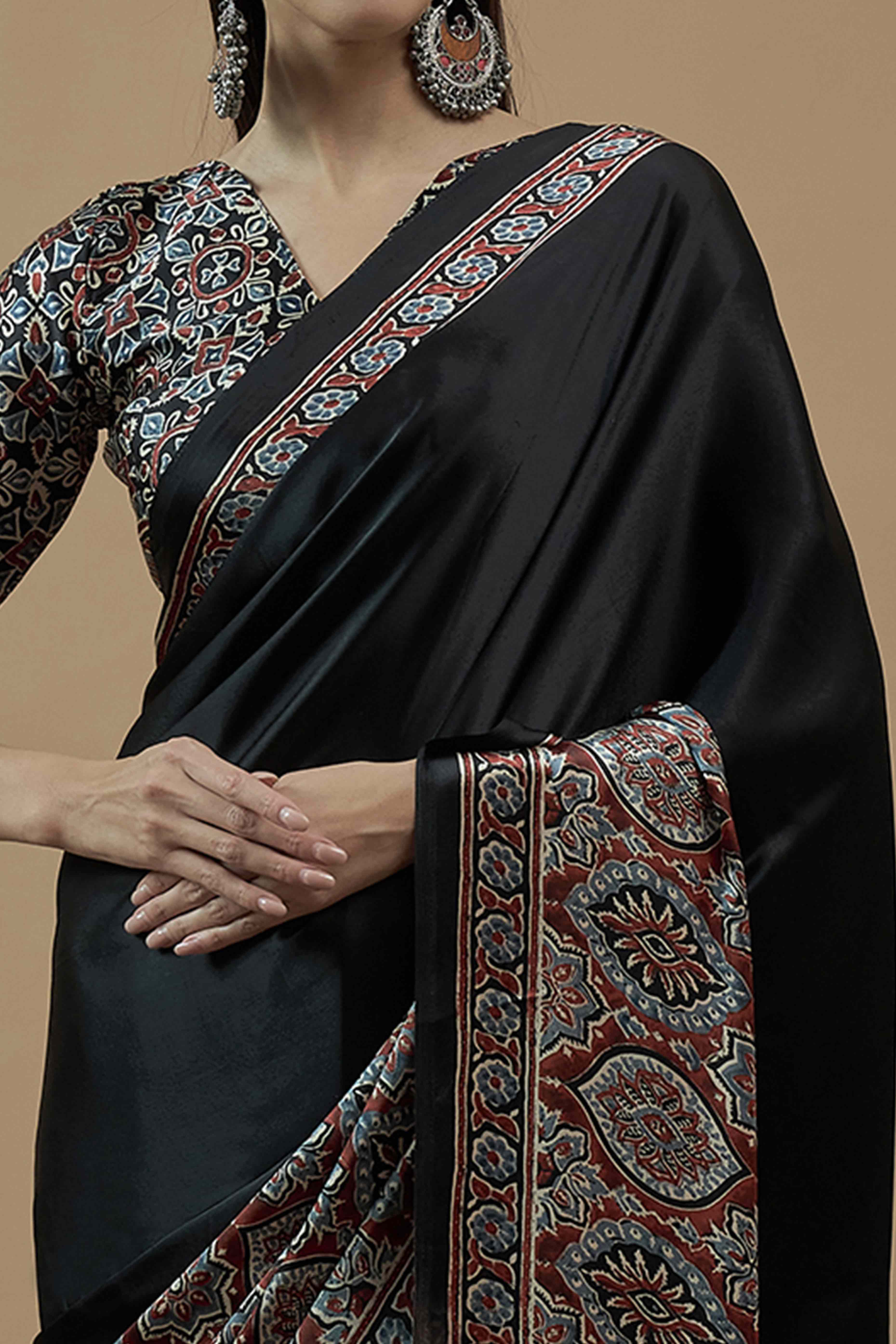 Black Floral Ajrakh Printed Satin Saree With Tassels