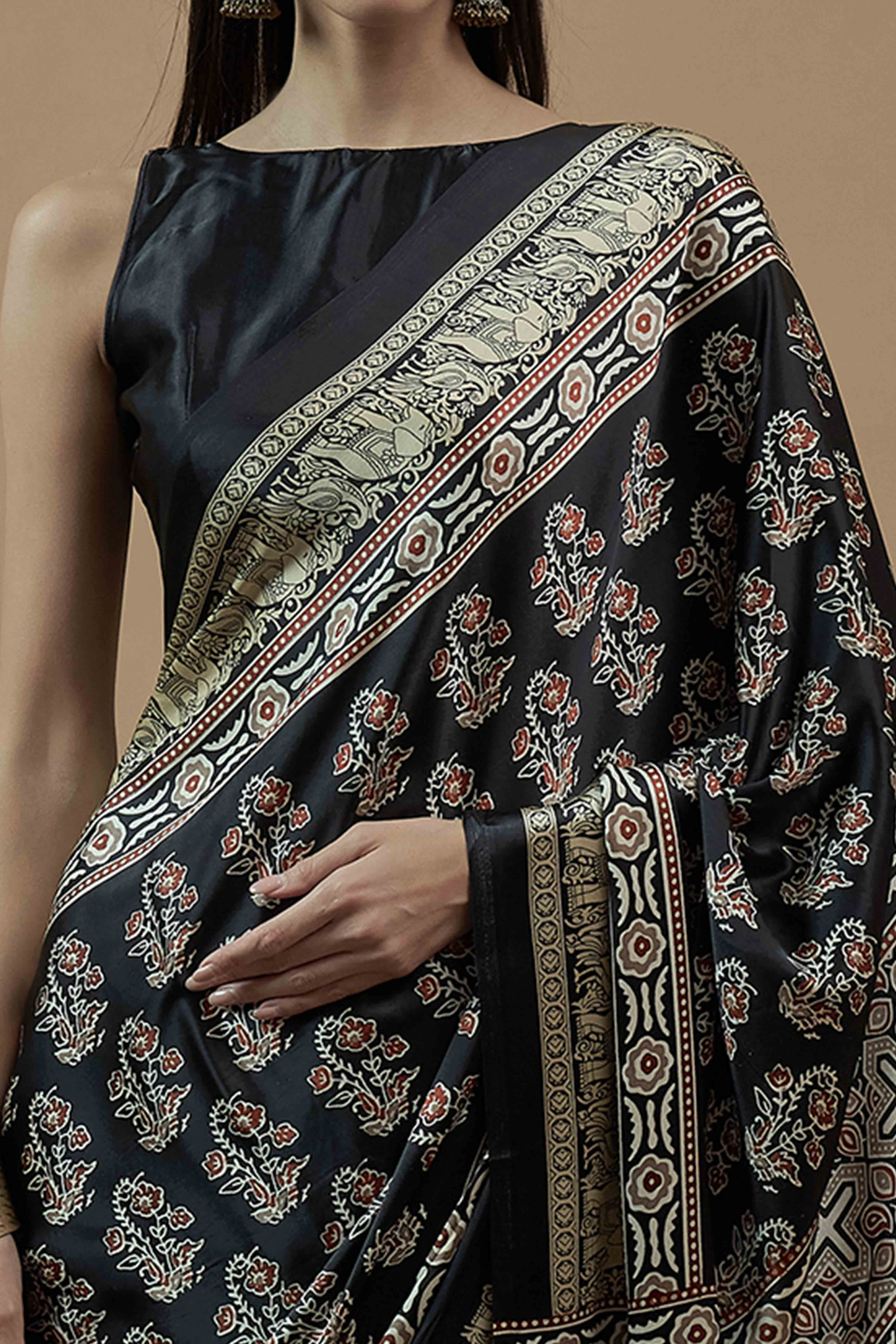 Black Floral Ajrakh Printed Satin Saree With Tassels