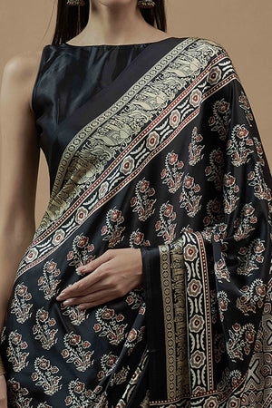 Black Floral Ajrakh Printed Satin Saree With Tassels