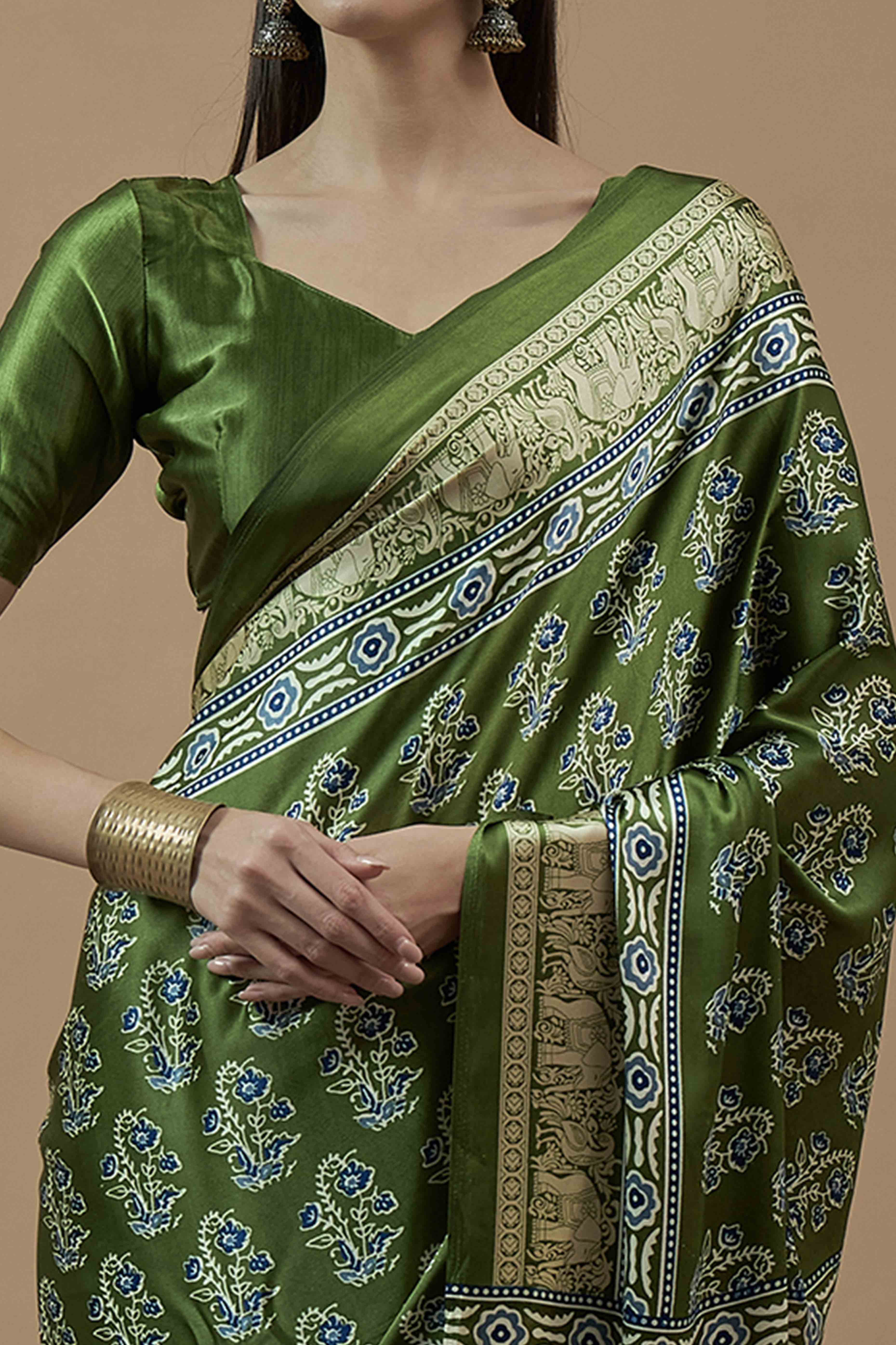 Green Floral Ajrakh Printed Satin Saree With Tassels