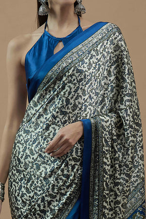 Offwhite & Blue Floral Ajrakh Printed Satin Saree With Tassels