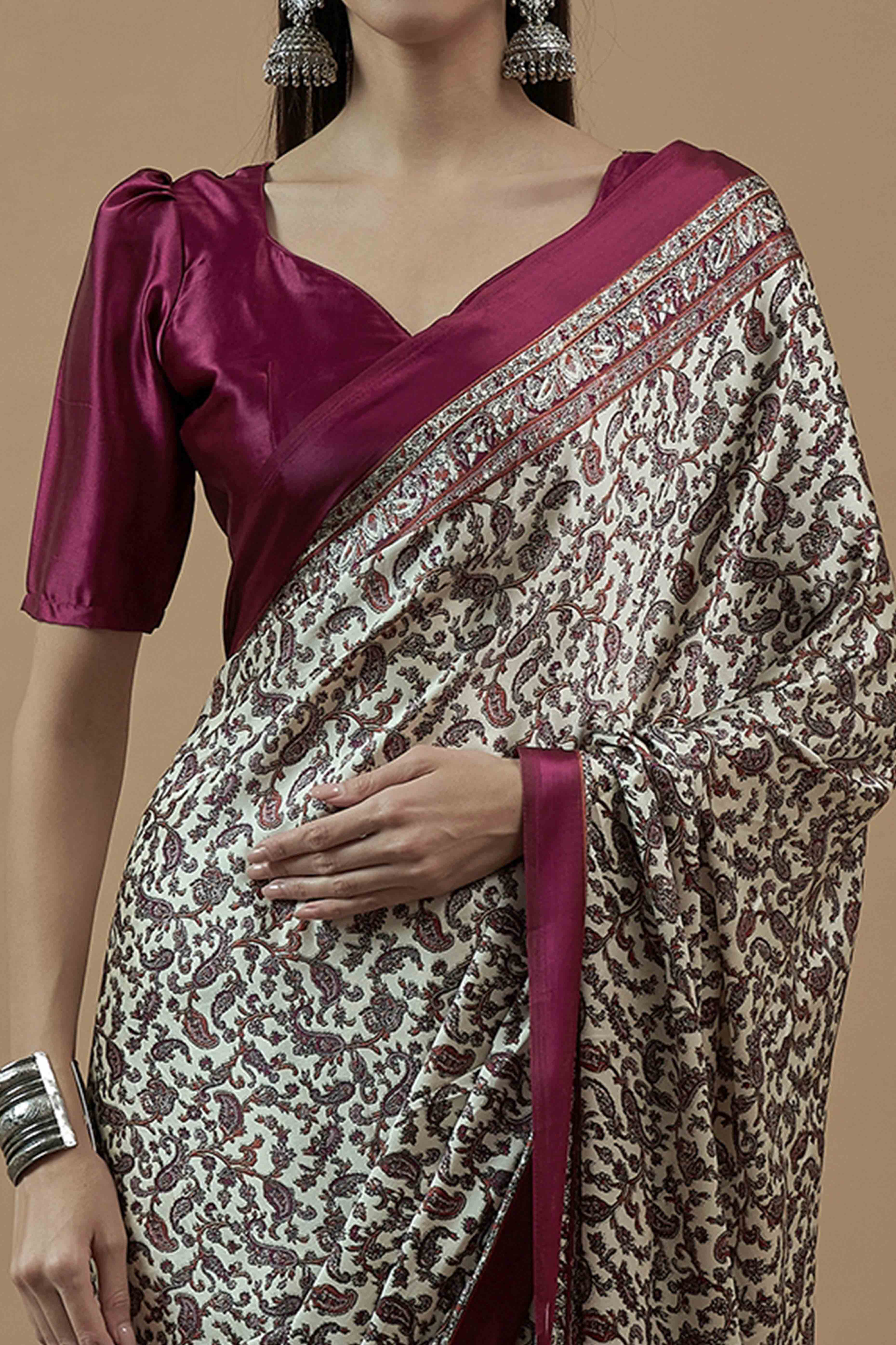 Offwhite & Magenta Floral Ajrakh Printed Satin Saree With Tassels