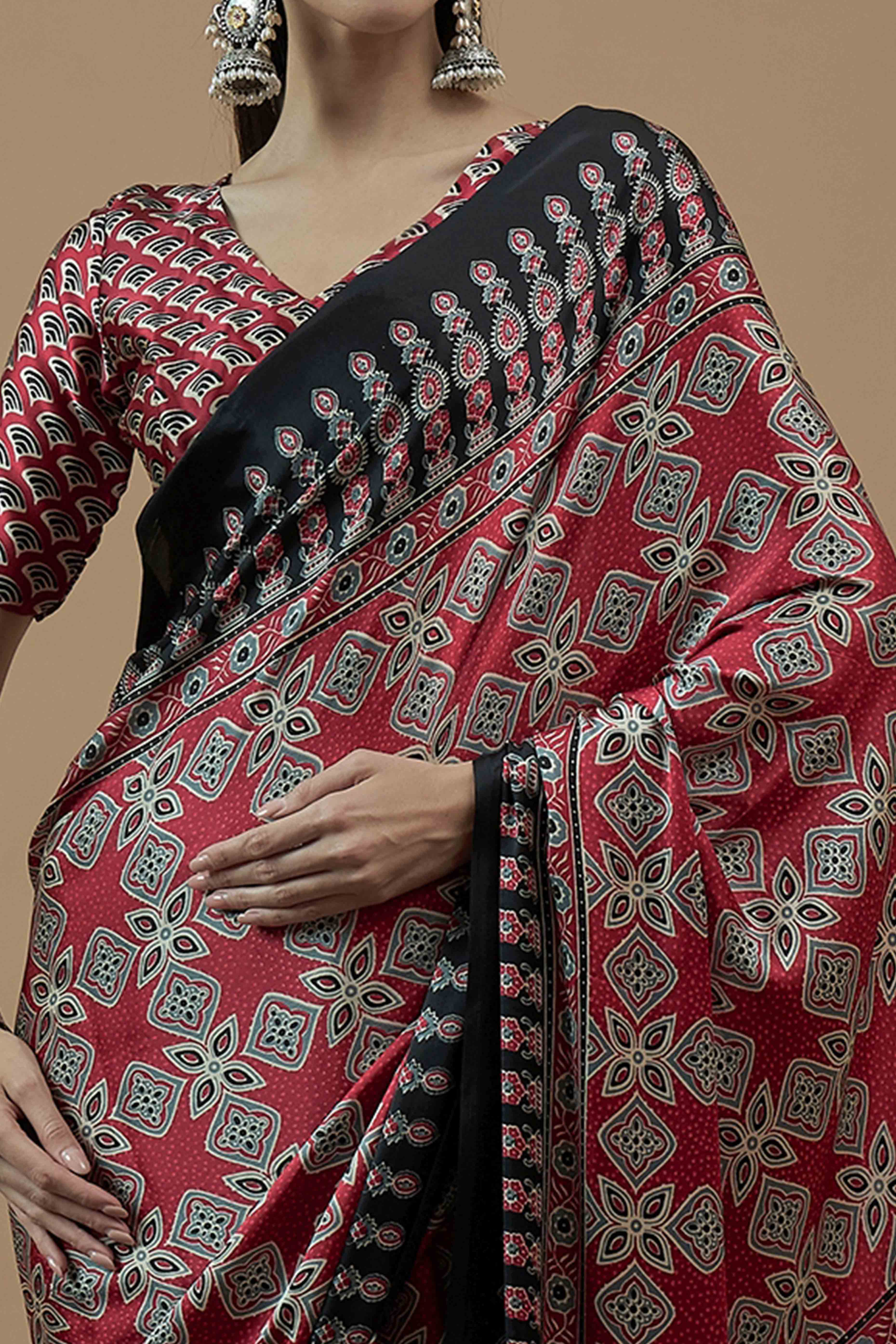 Red Floral Ajrakh Printed Satin Saree With Tassels