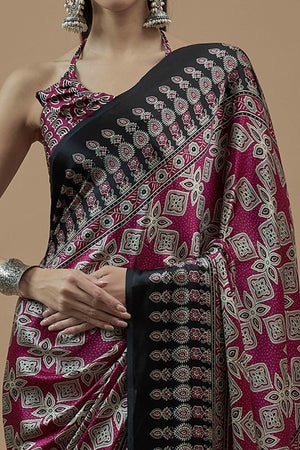 Magenta Floral Ajrakh Printed Satin Saree With Tassels